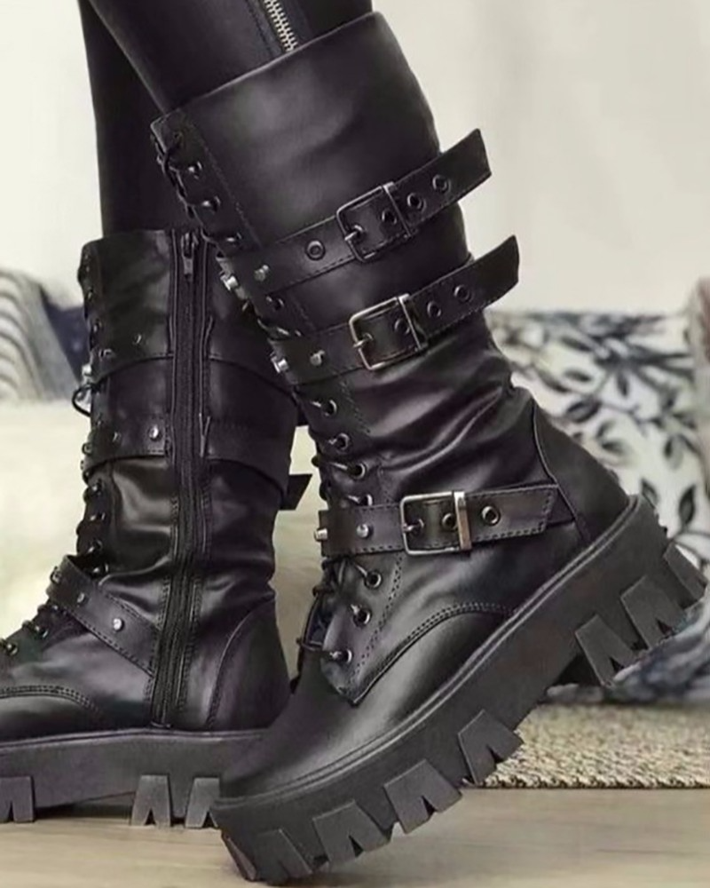 Women's Trendy Boots with Zipper and Buckles