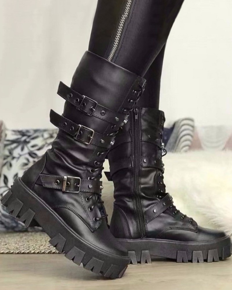 Women's Trendy Boots with Zipper and Buckles