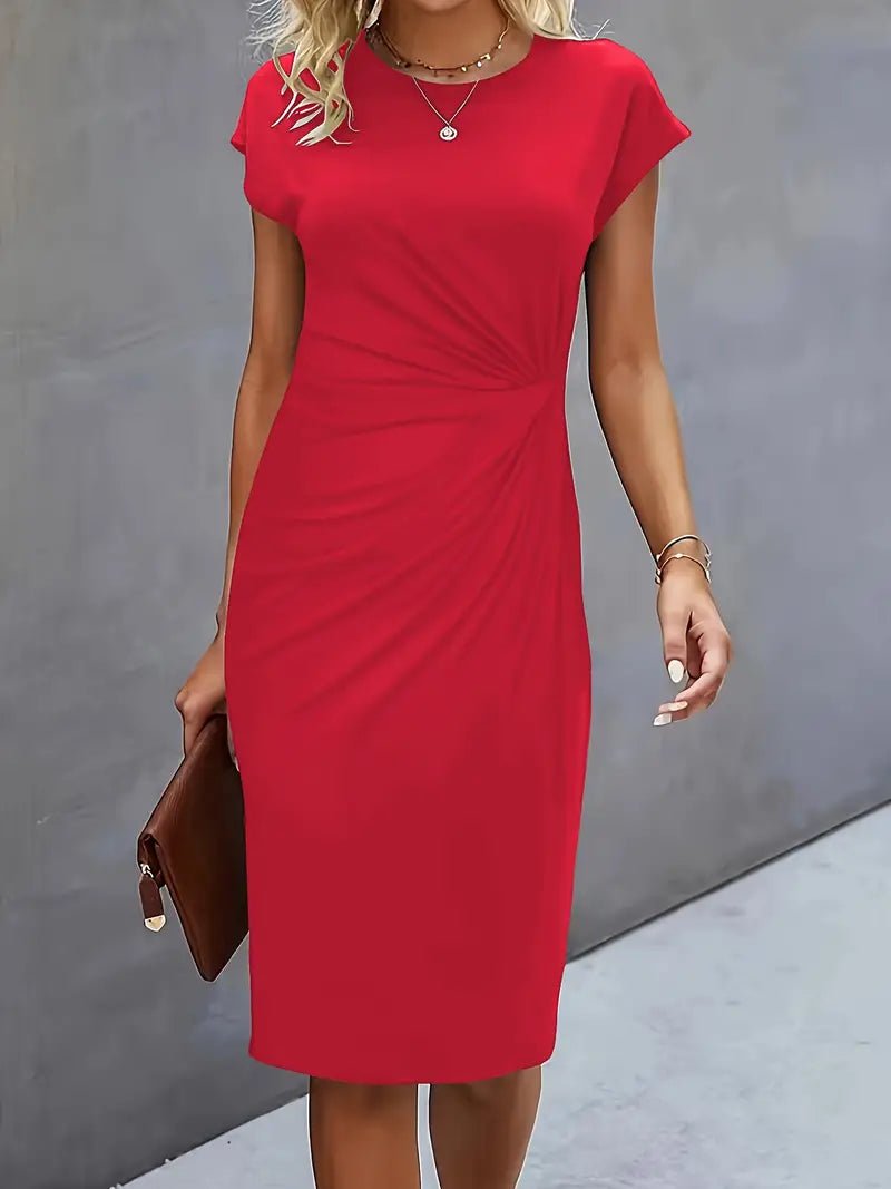 Women's Twist-Ruched Waist Cap Sleeve Bodycon Midi Dress