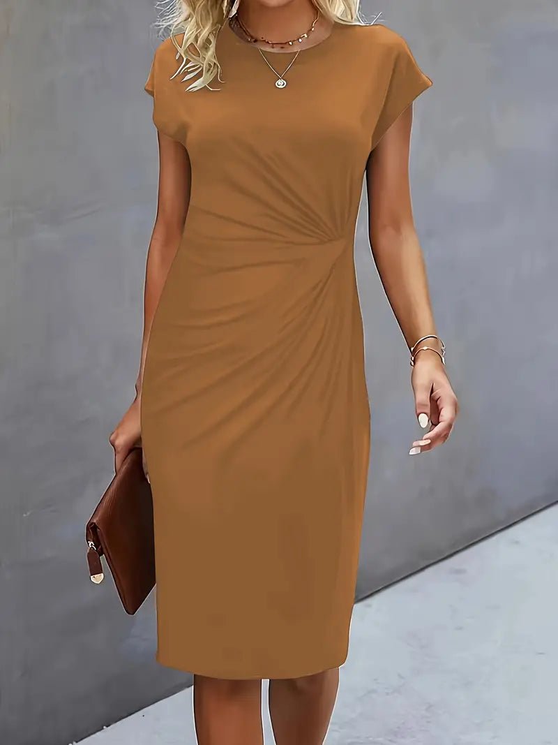 Women's Twist-Ruched Waist Cap Sleeve Bodycon Midi Dress