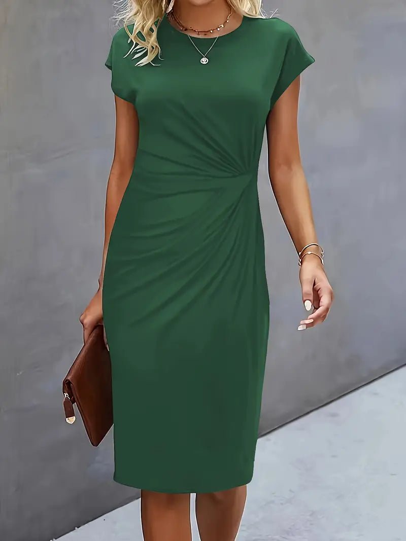 Women's Twist-Ruched Waist Cap Sleeve Bodycon Midi Dress