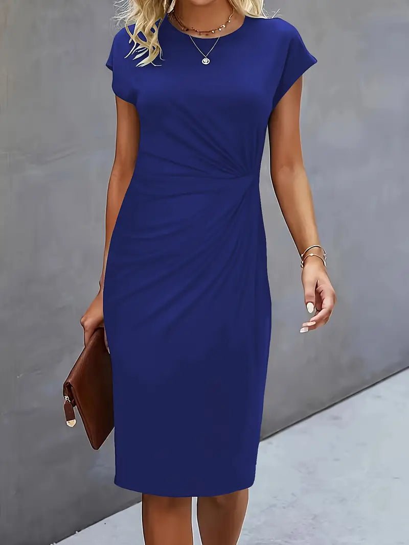 Women's Twist-Ruched Waist Cap Sleeve Bodycon Midi Dress