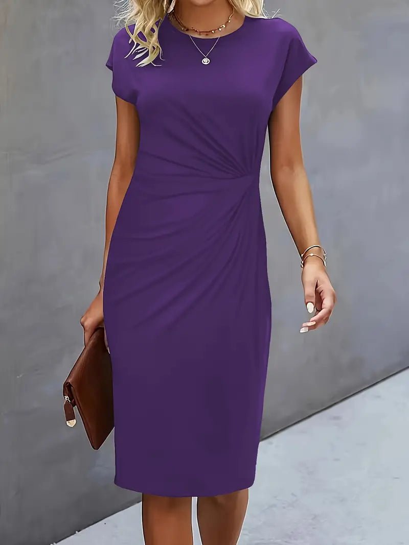 Women's Twist-Ruched Waist Cap Sleeve Bodycon Midi Dress