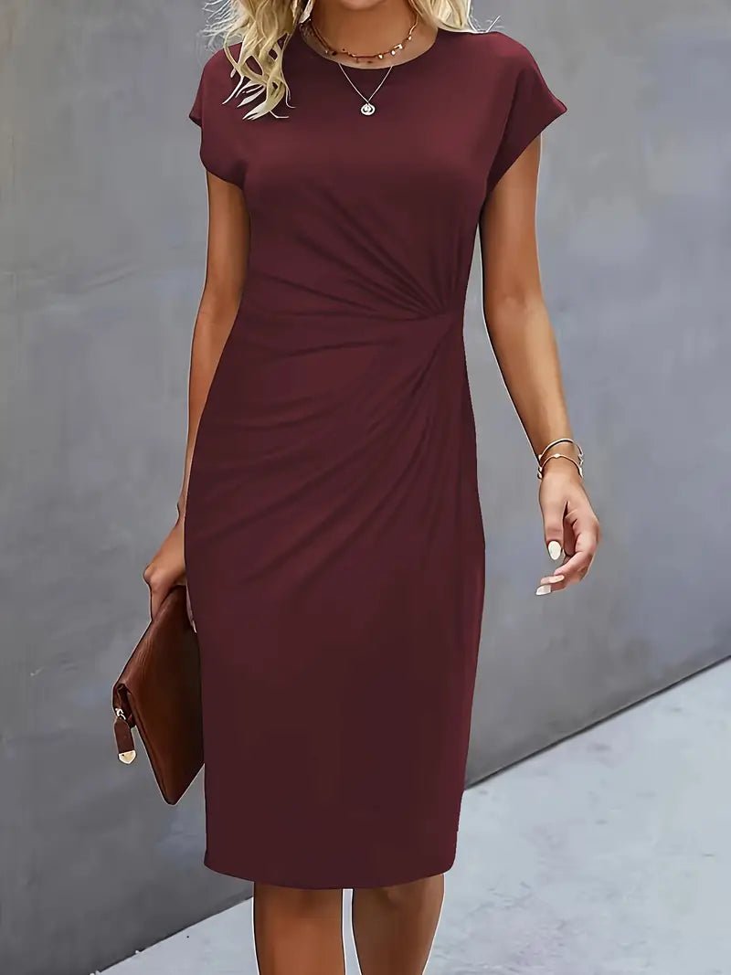 Women's Twist-Ruched Waist Cap Sleeve Bodycon Midi Dress