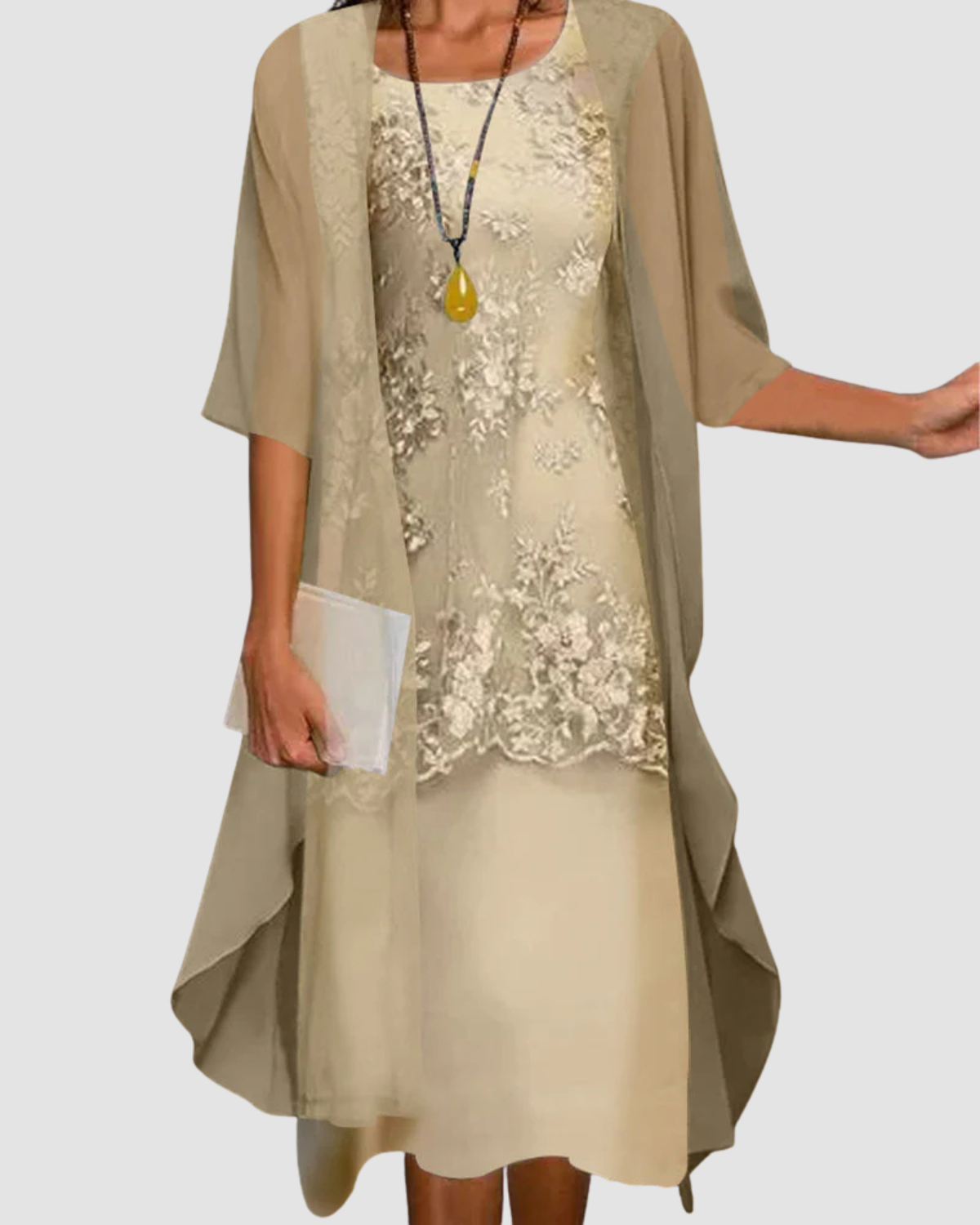 Women's Two-Piece Knee-Length Dress with Sheer Overlay