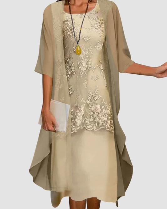 Women's Two-Piece Knee-Length Dress with Sheer Overlay