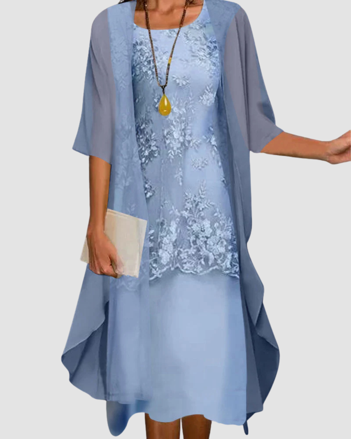 Women's Two-Piece Knee-Length Dress with Sheer Overlay