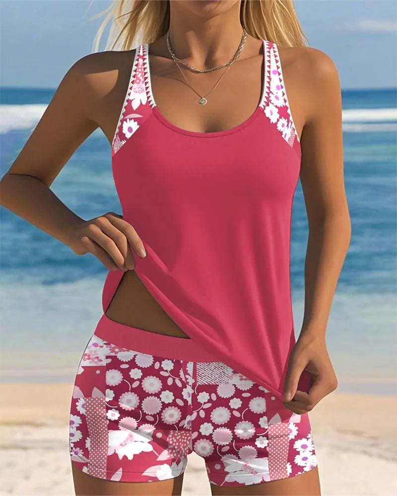 Women's Two-Piece Tankini Set with Floral Shorts and Adjustable Straps