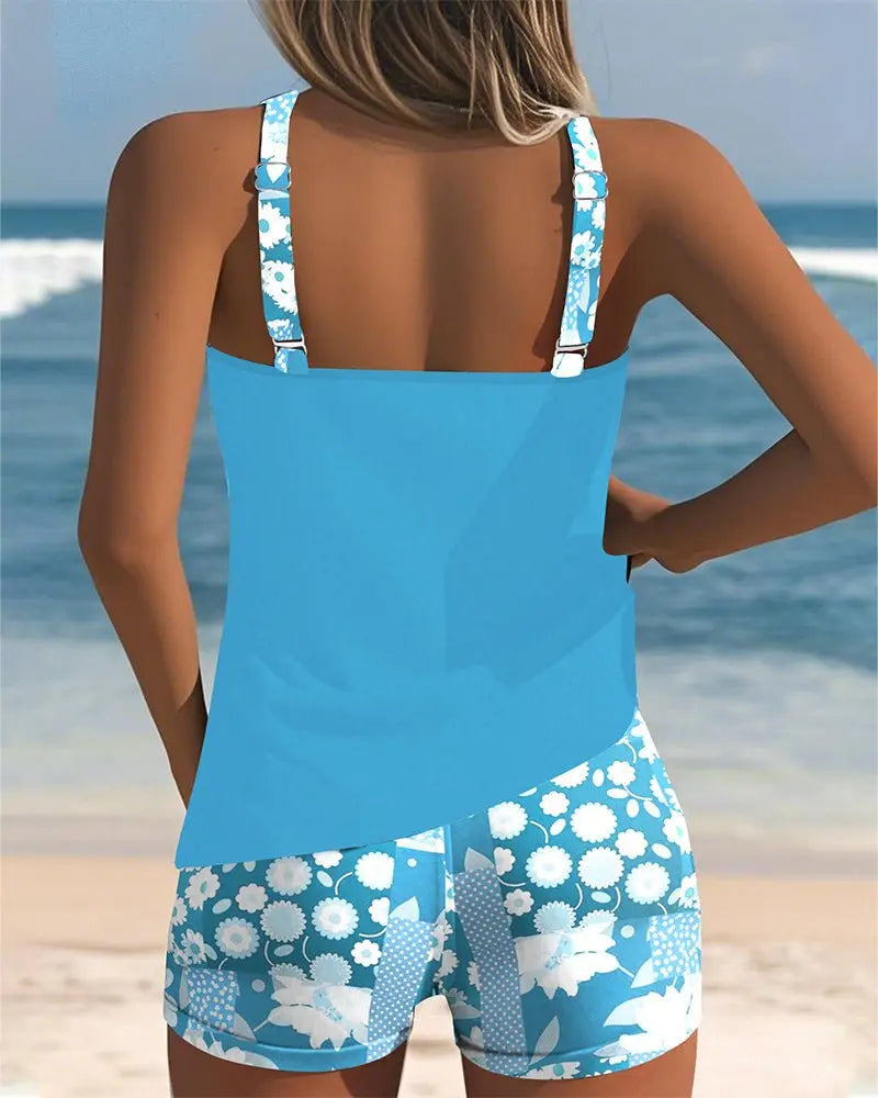Women's Two-Piece Tankini Set with Floral Shorts and Adjustable Straps