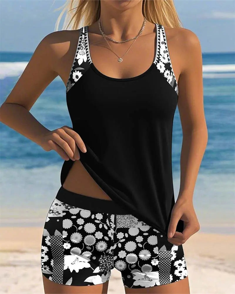 Women's Two-Piece Tankini Set with Floral Shorts and Adjustable Straps
