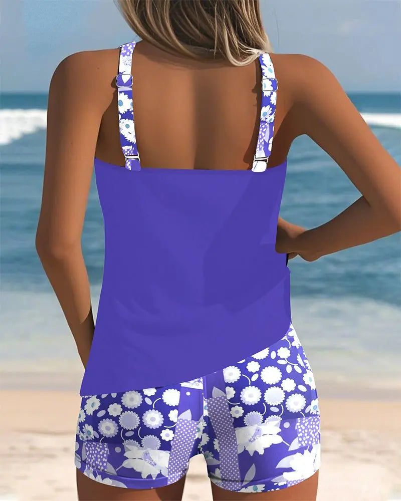 Women's Two-Piece Tankini Set with Floral Shorts and Adjustable Straps