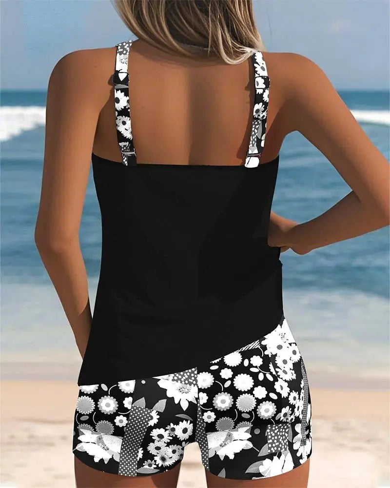 Women's Two-Piece Tankini Set with Floral Shorts and Adjustable Straps