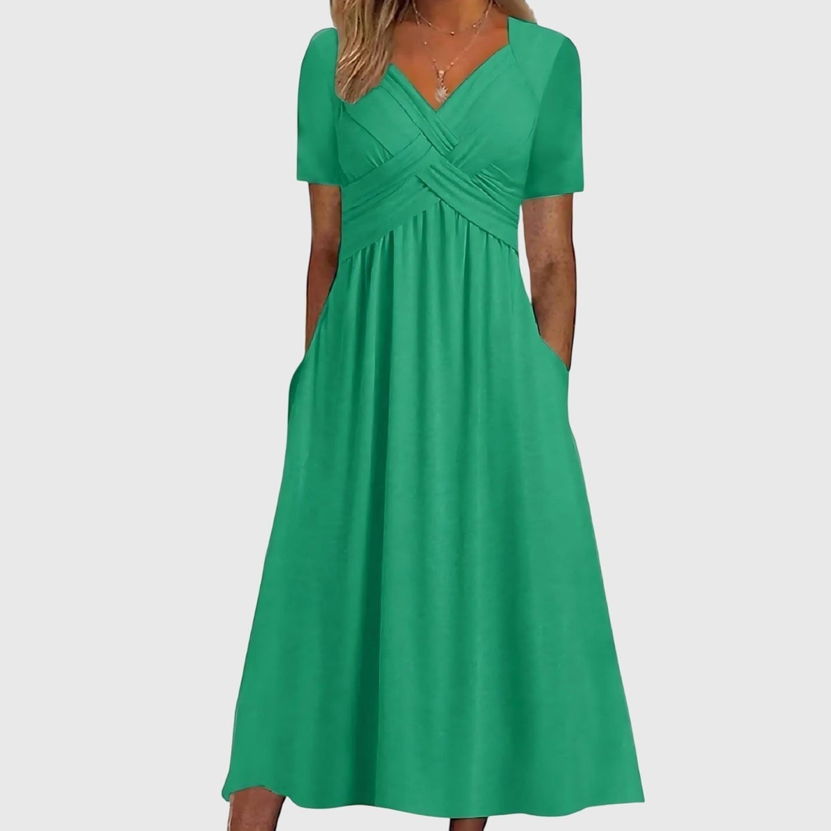 Women's V-Neck Cross-Ruched A-Line Midi Dress with Pockets