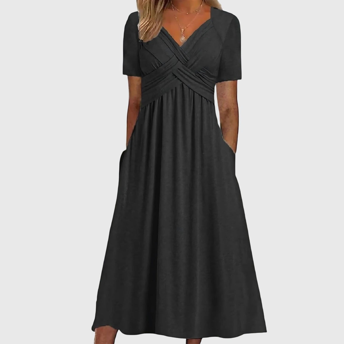 Women's V-Neck Cross-Ruched A-Line Midi Dress with Pockets