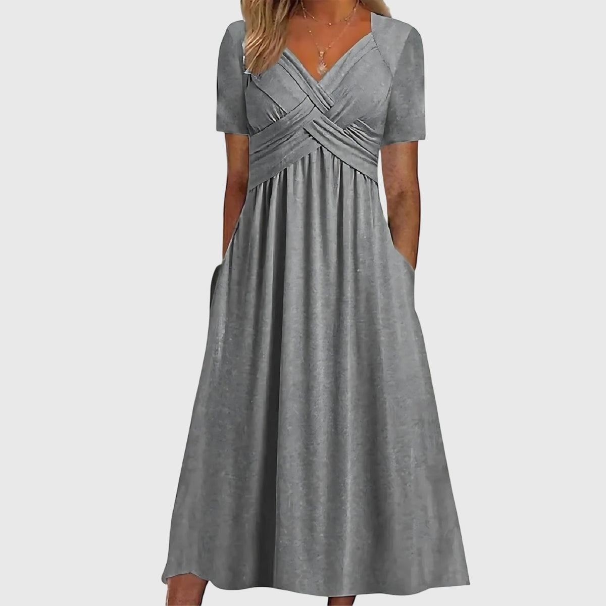 Women's V-Neck Cross-Ruched A-Line Midi Dress with Pockets
