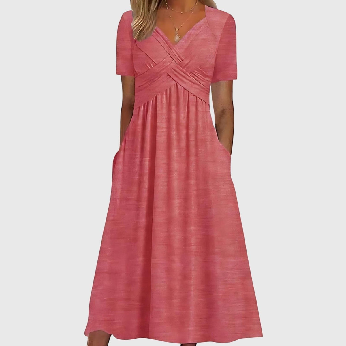 Women's V-Neck Cross-Ruched A-Line Midi Dress with Pockets