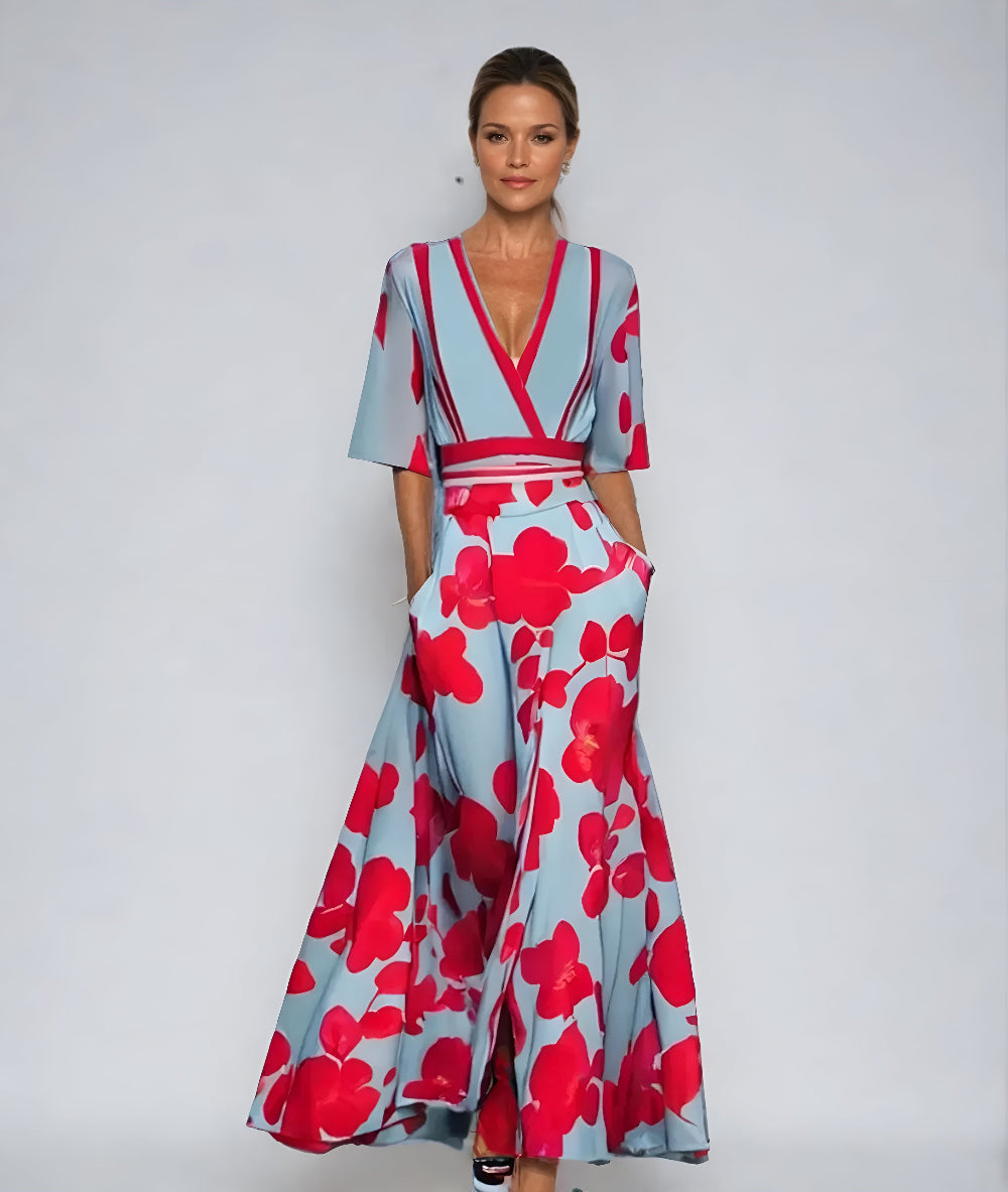 Women's V-Neck Floral Wrap Maxi Dress