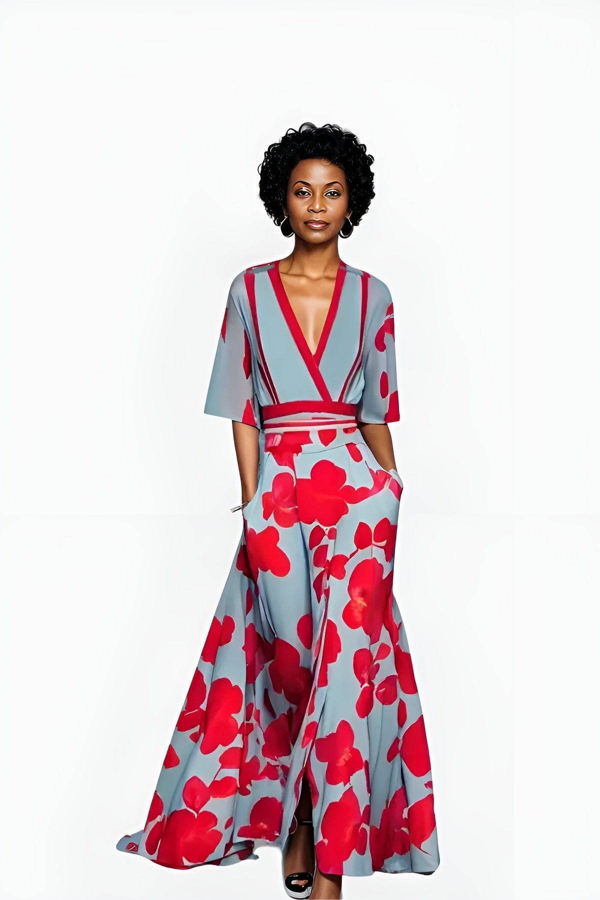 Women's V-Neck Floral Wrap Maxi Dress