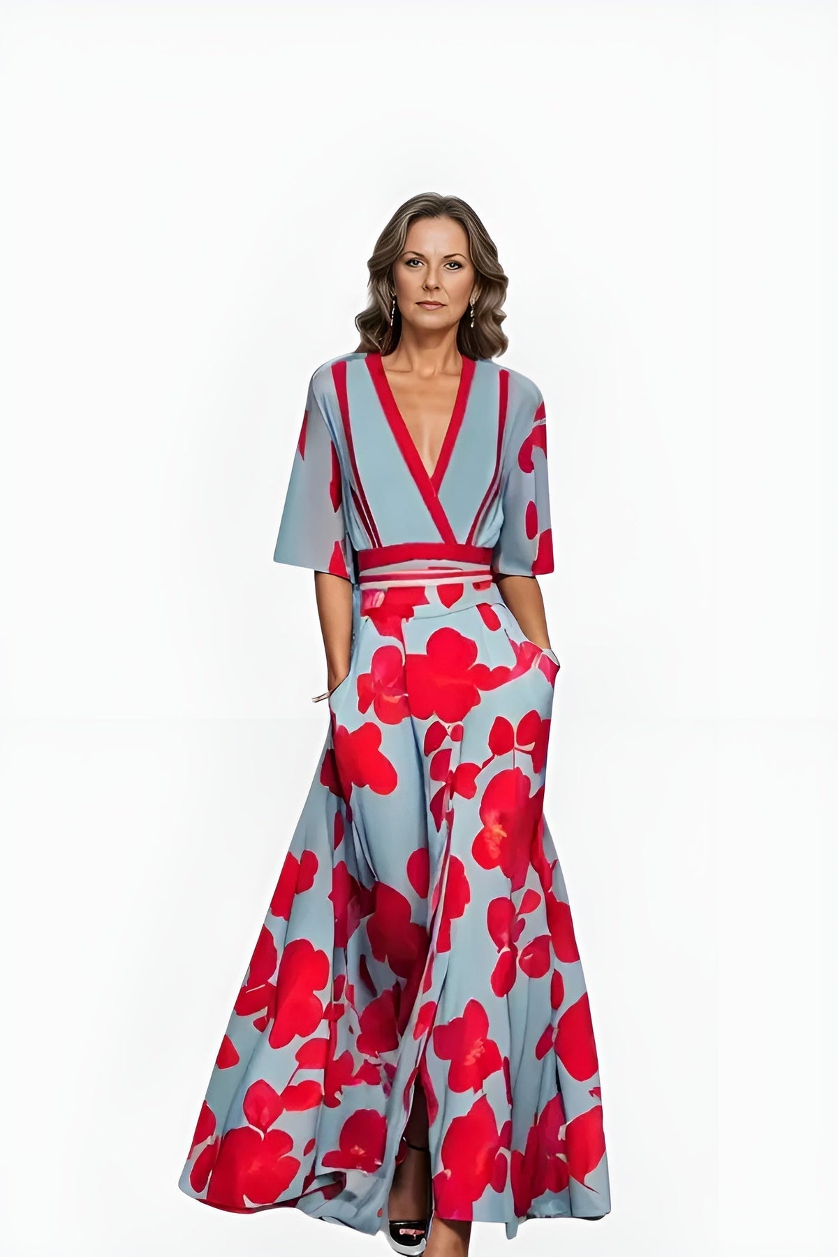 Women's V-Neck Floral Wrap Maxi Dress