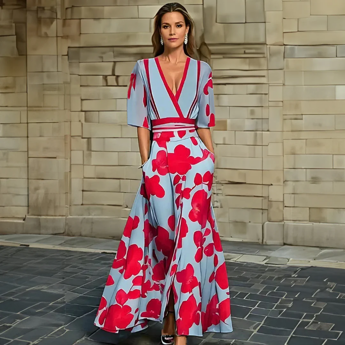 Women's V-Neck Floral Wrap Maxi Dress