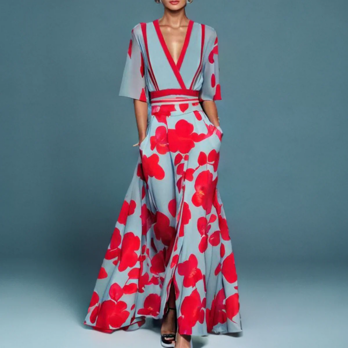 Women's V-Neck Floral Wrap Maxi Dress