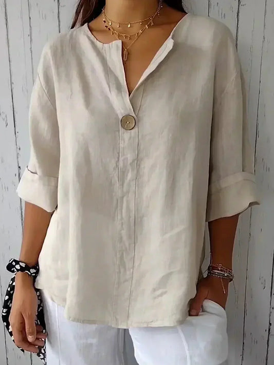 Women's V-Neck Roll-Sleeve Button-Down Blouse