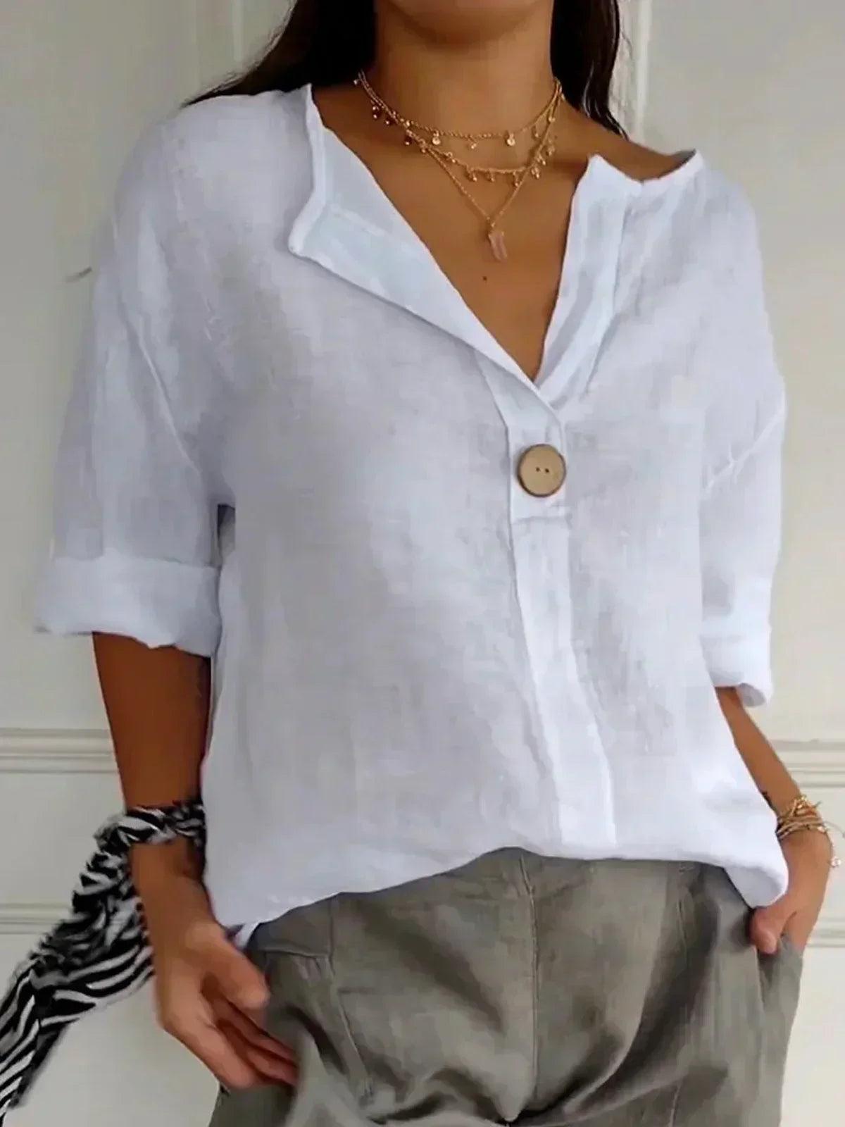 Women's V-Neck Roll-Sleeve Button-Down Blouse