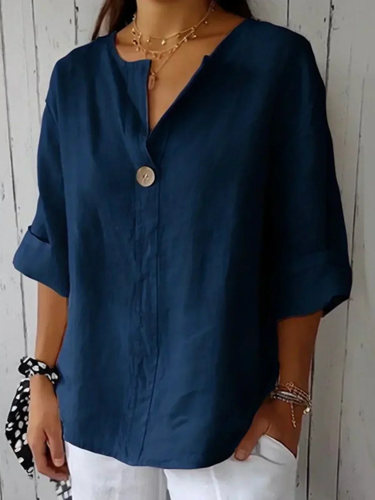 Women's V-Neck Roll-Sleeve Button-Down Blouse