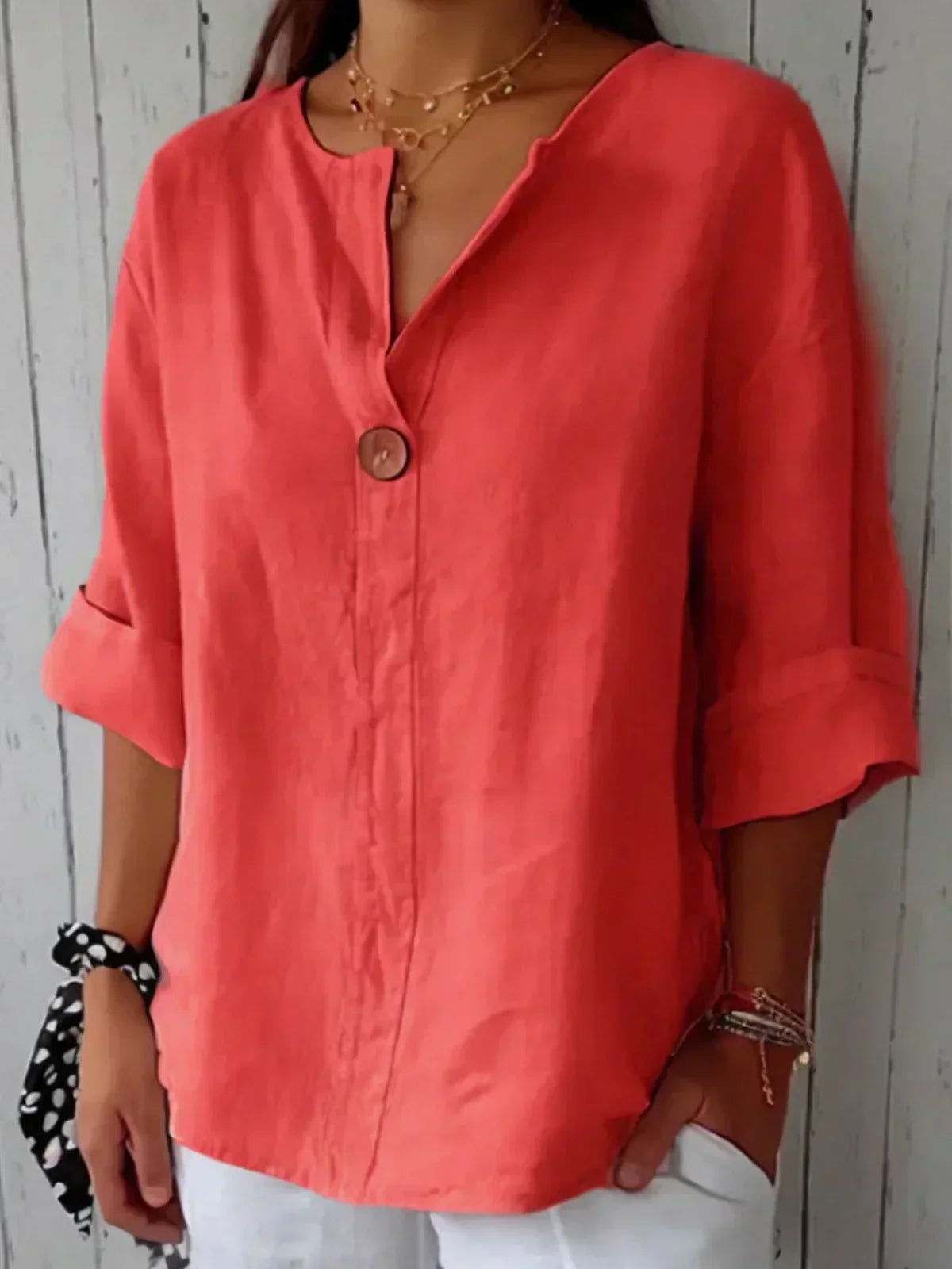 Women's V-Neck Roll-Sleeve Button-Down Blouse