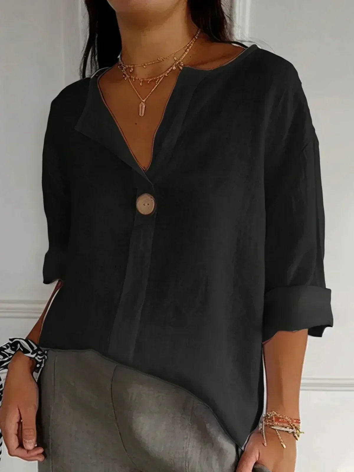 Women's V-Neck Roll-Sleeve Button-Down Blouse