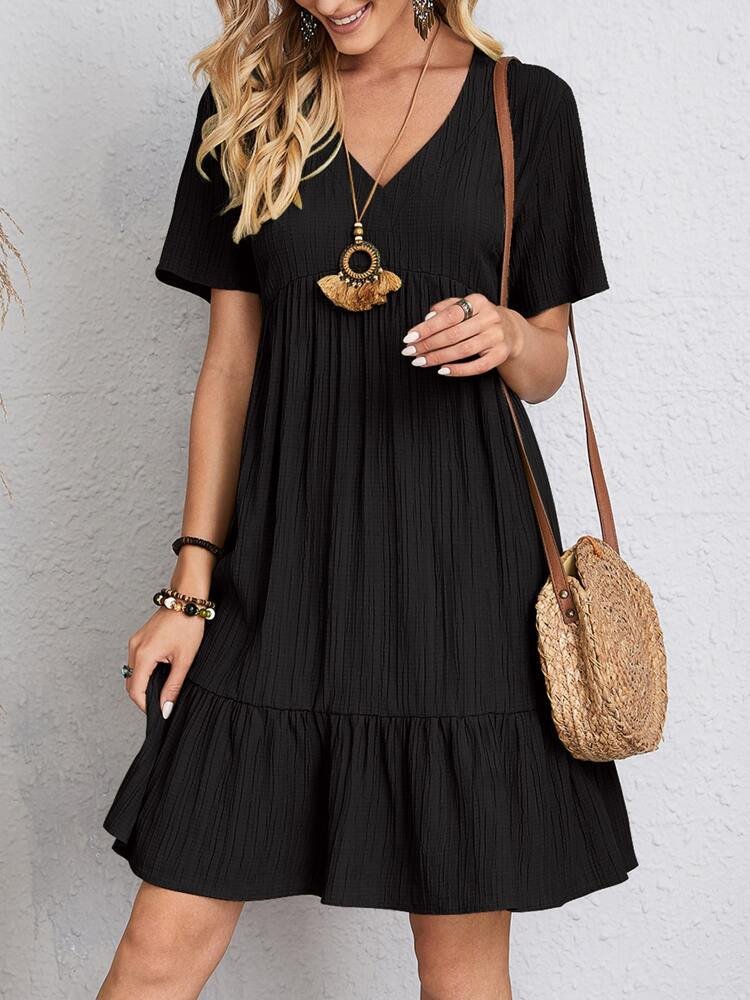 Women's V-Neck Short-Sleeve Smocked Babydoll Swing Dress