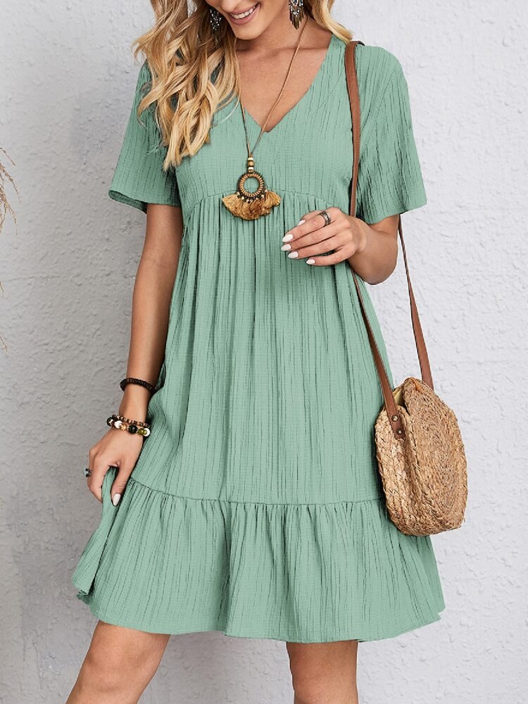 Women's V-Neck Short-Sleeve Smocked Babydoll Swing Dress