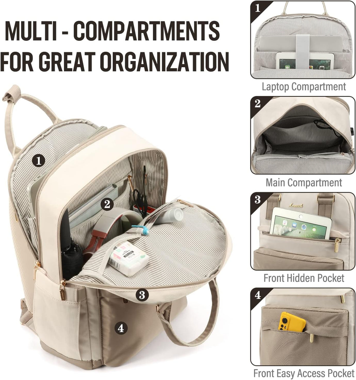 Women's Waterproof Laptop Backpack with USB Charging Port for Work, School and Travel