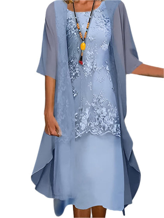 Women's Wedding Guest Midi Dress with Flowing Sheer Sleeves