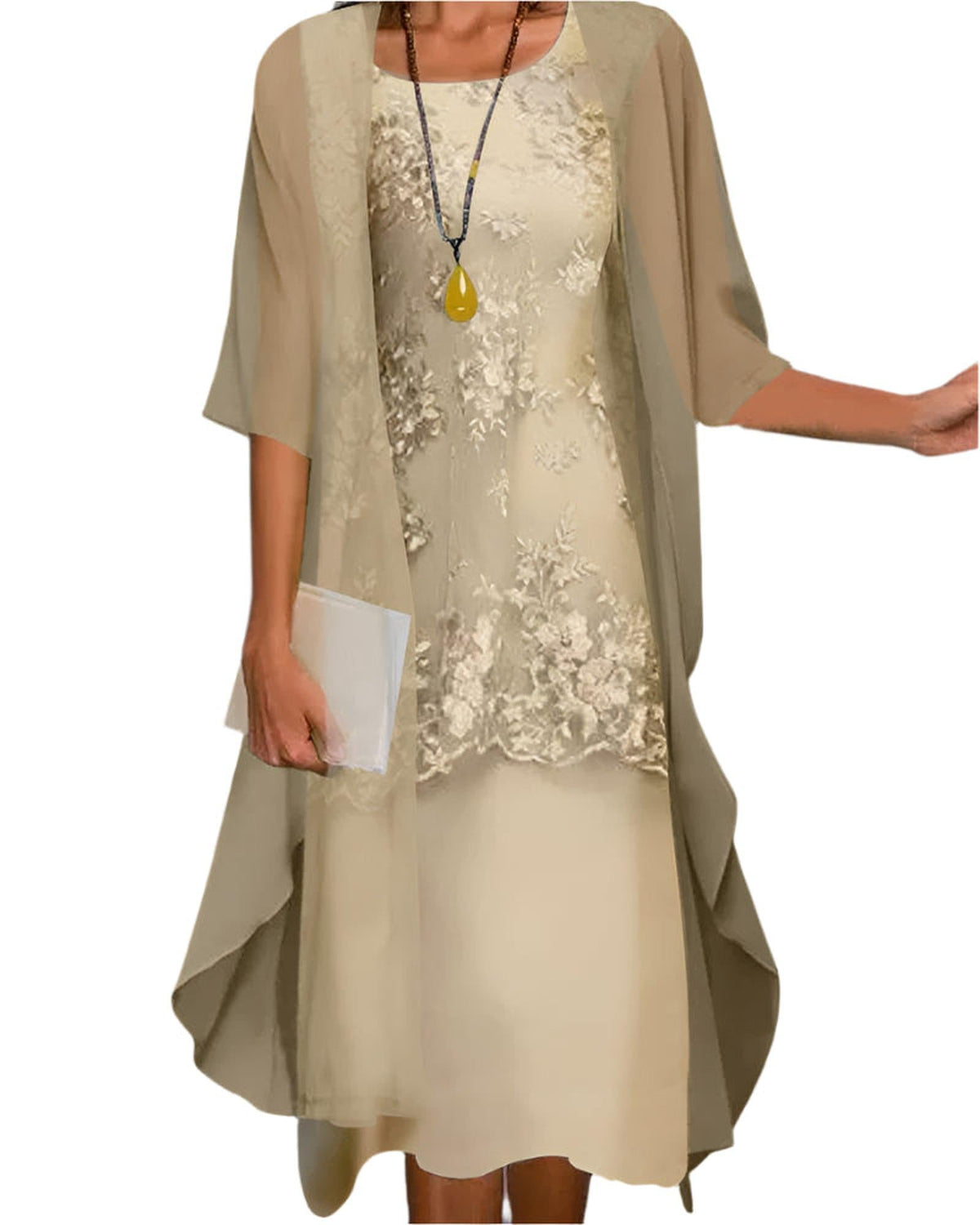 Women's Wedding Guest Midi Dress with Flowing Sheer Sleeves