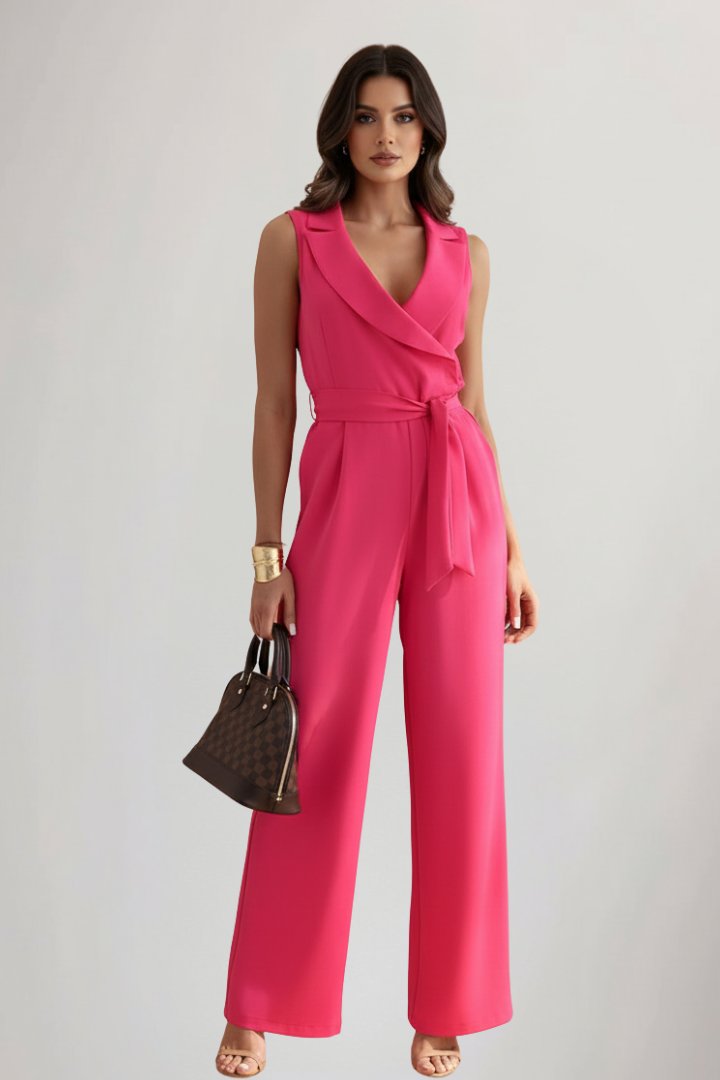 Women's Wide-Leg Blazer Collar Tie-Waist Full-Length Jumpsuit