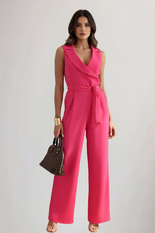 Women's Wide-Leg Blazer Collar Tie-Waist Full-Length Jumpsuit