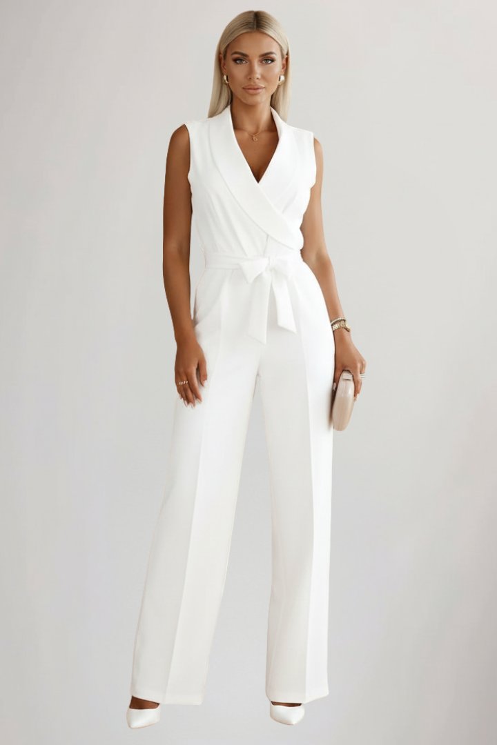 Women's Wide-Leg Blazer Collar Tie-Waist Full-Length Jumpsuit