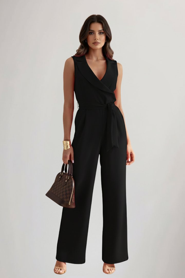 Women's Wide-Leg Blazer Collar Tie-Waist Full-Length Jumpsuit