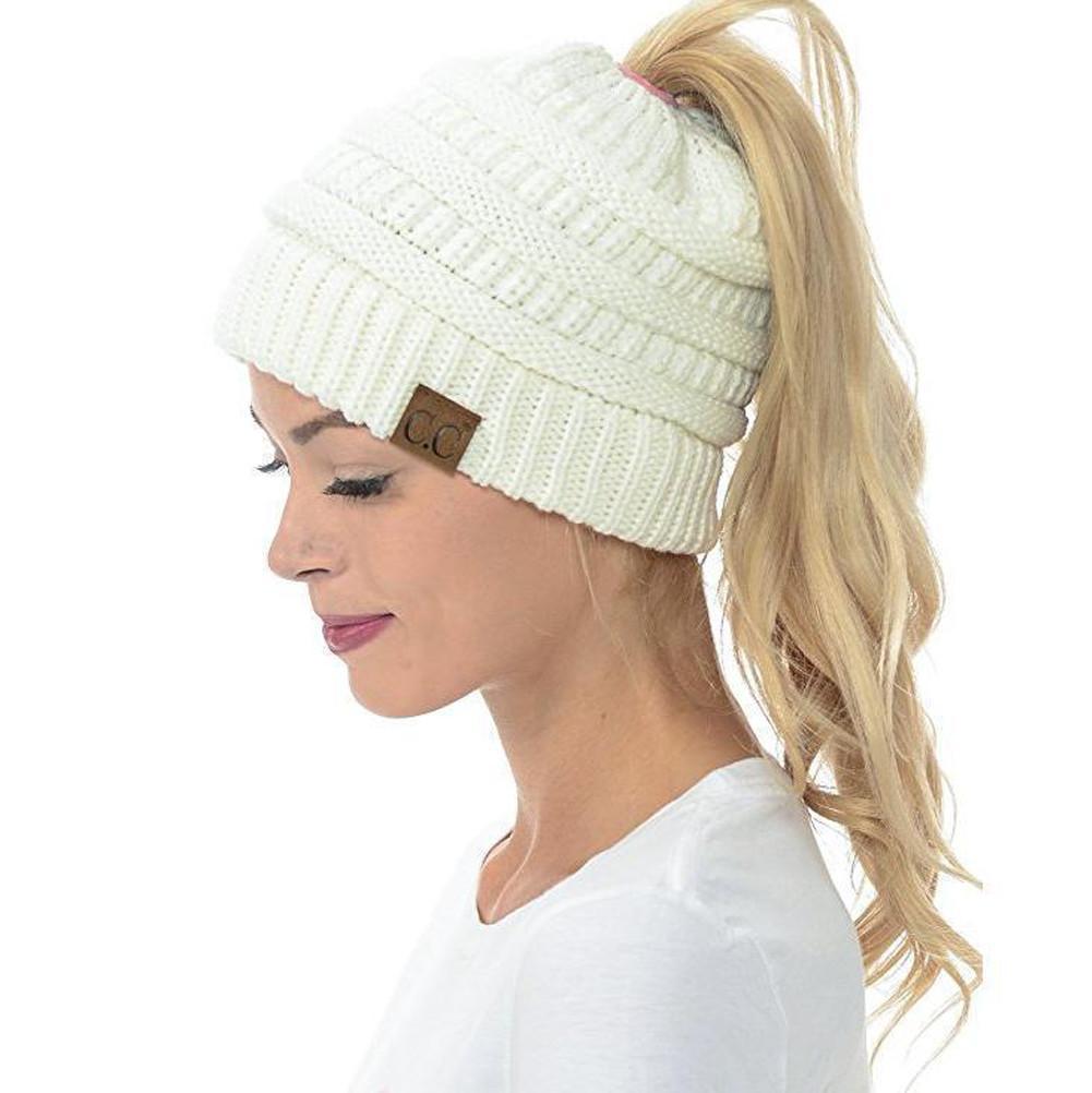 Women's Winter Beanie with Ponytail Hole – Soft and Casual